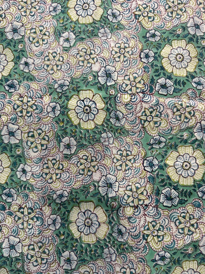 Indian Block Print Cotton Fabric - Green Retro Floral