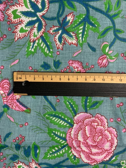 100% Indian Cotton Fabric - Turquoise With Pink Roses
