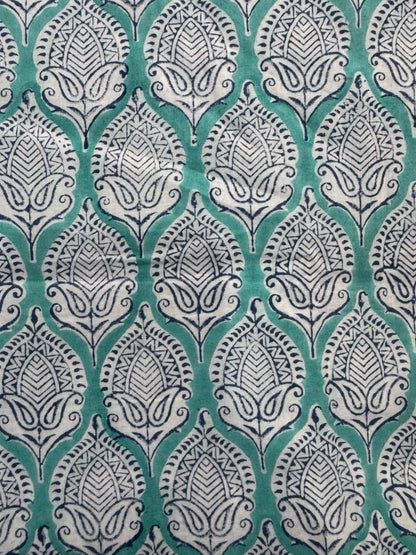 Indian Block Print Cotton Fabric - Turquoise With Paisley