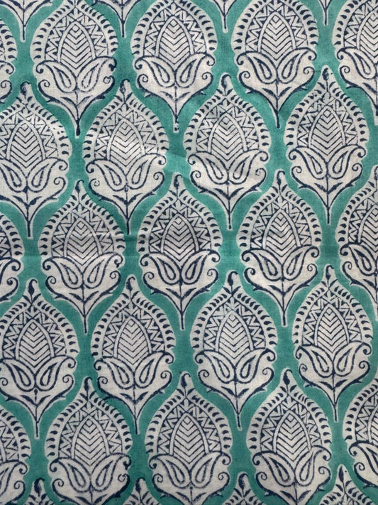 Indian Block Print Cotton Fabric - Turquoise With Paisley