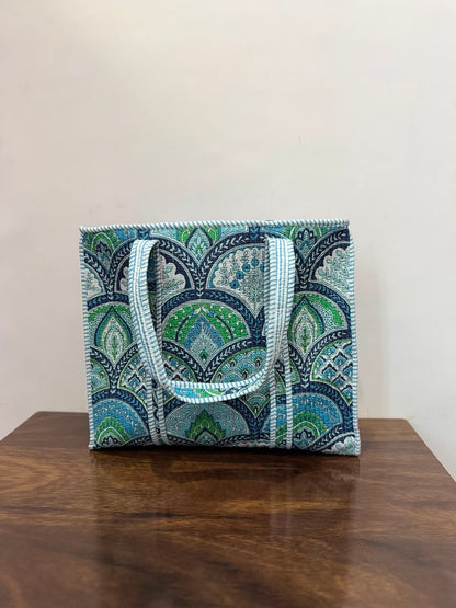 Large Quilted Tote Bag With Zip - Blue & Green Scallop