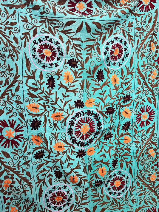 Suzani Embroidered Kantha Quilt - Turquoise