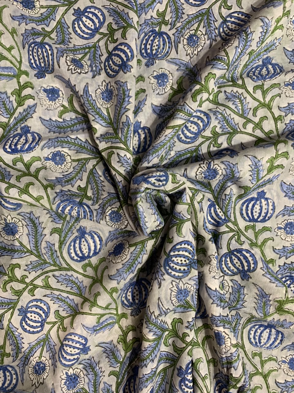 Indian Block Print Cotton Fabric - Mauve & Green Floral on Blue Background