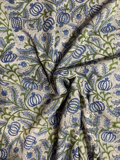 Indian Block Print Cotton Fabric - Blue Blossom