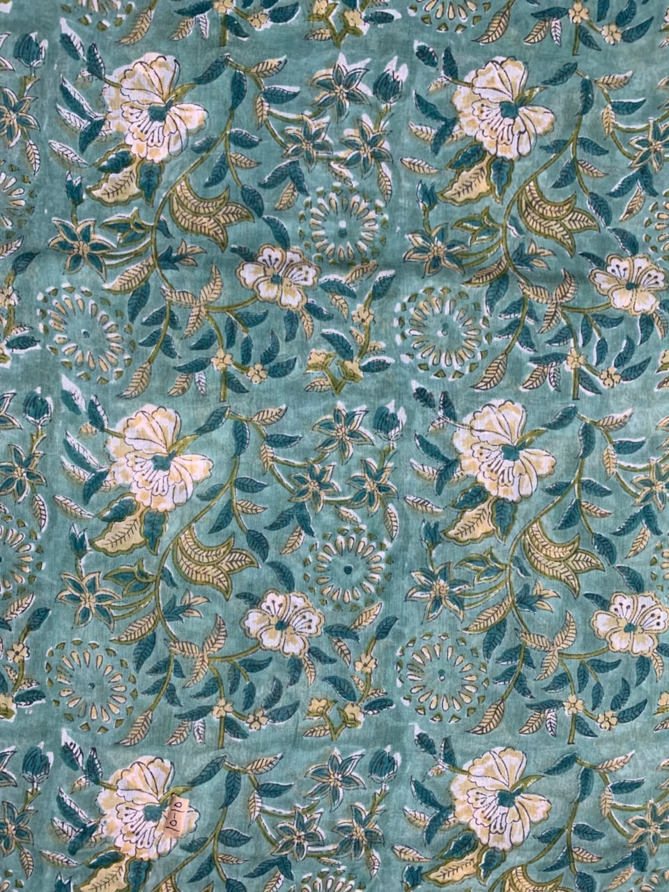 Indian Block Print Cotton Fabric - Turquoise With White & Yellow Floral