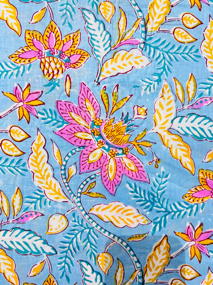 Cotton Screen Print Fabric - Blue Pastel Floral