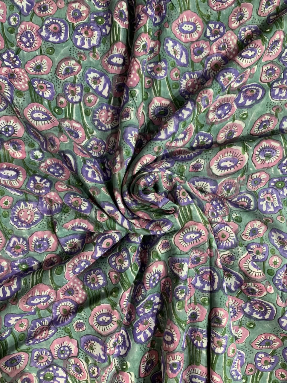 Indian Block Print Cotton Fabric - Turquoise with Pink & Mauve Poppies