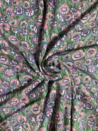 Indian Block Print Cotton Fabric - Turquoise with Pink & Mauve Poppies