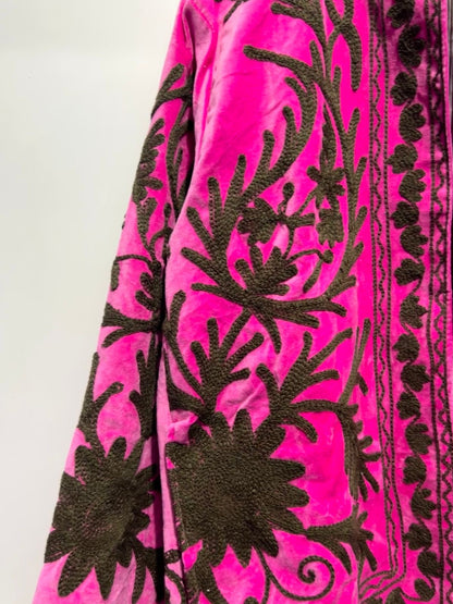 Suzani Embroidered Velvet Jacket - Hot Pink With Brown Floral