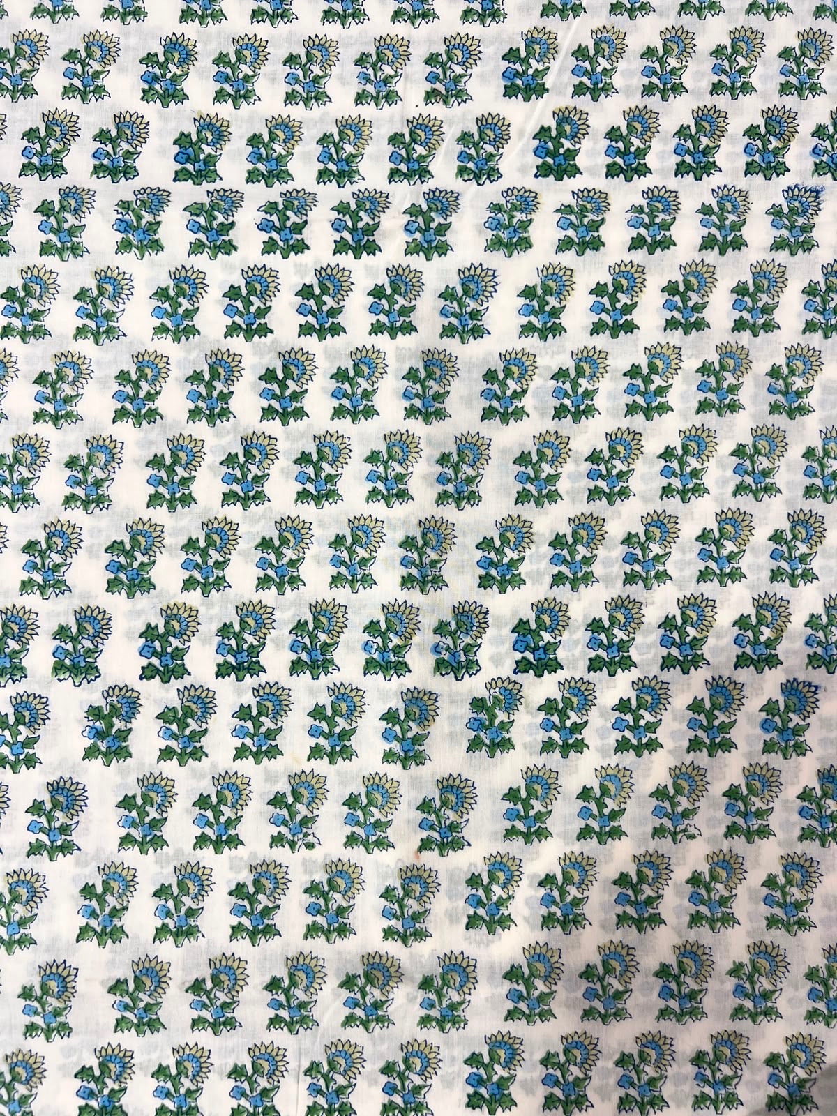 Indian Block Print Cotton Fabric - Green & Blue Small Scale Floral