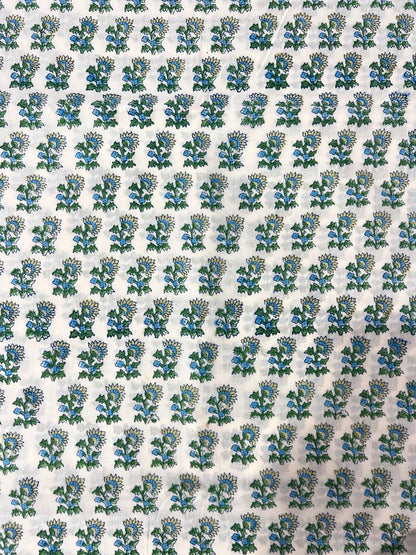Indian Block Print Cotton Fabric - Green & Blue Small Scale Floral