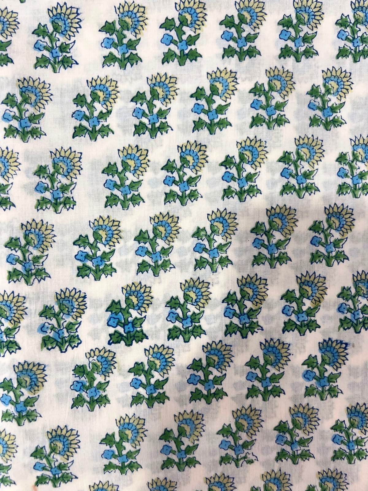 Indian Block Print Cotton Fabric - Green & Blue Small Scale Floral