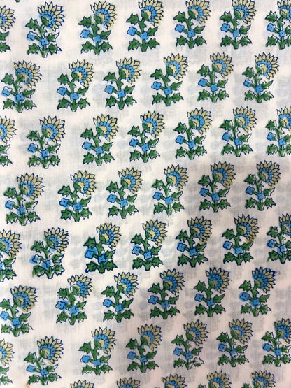 Indian Block Print Cotton Fabric - Green & Blue Small Scale Floral