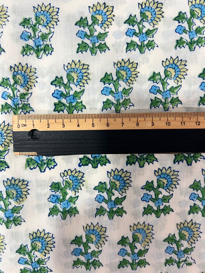 Indian Block Print Cotton Fabric - Green & Blue Small Scale Floral