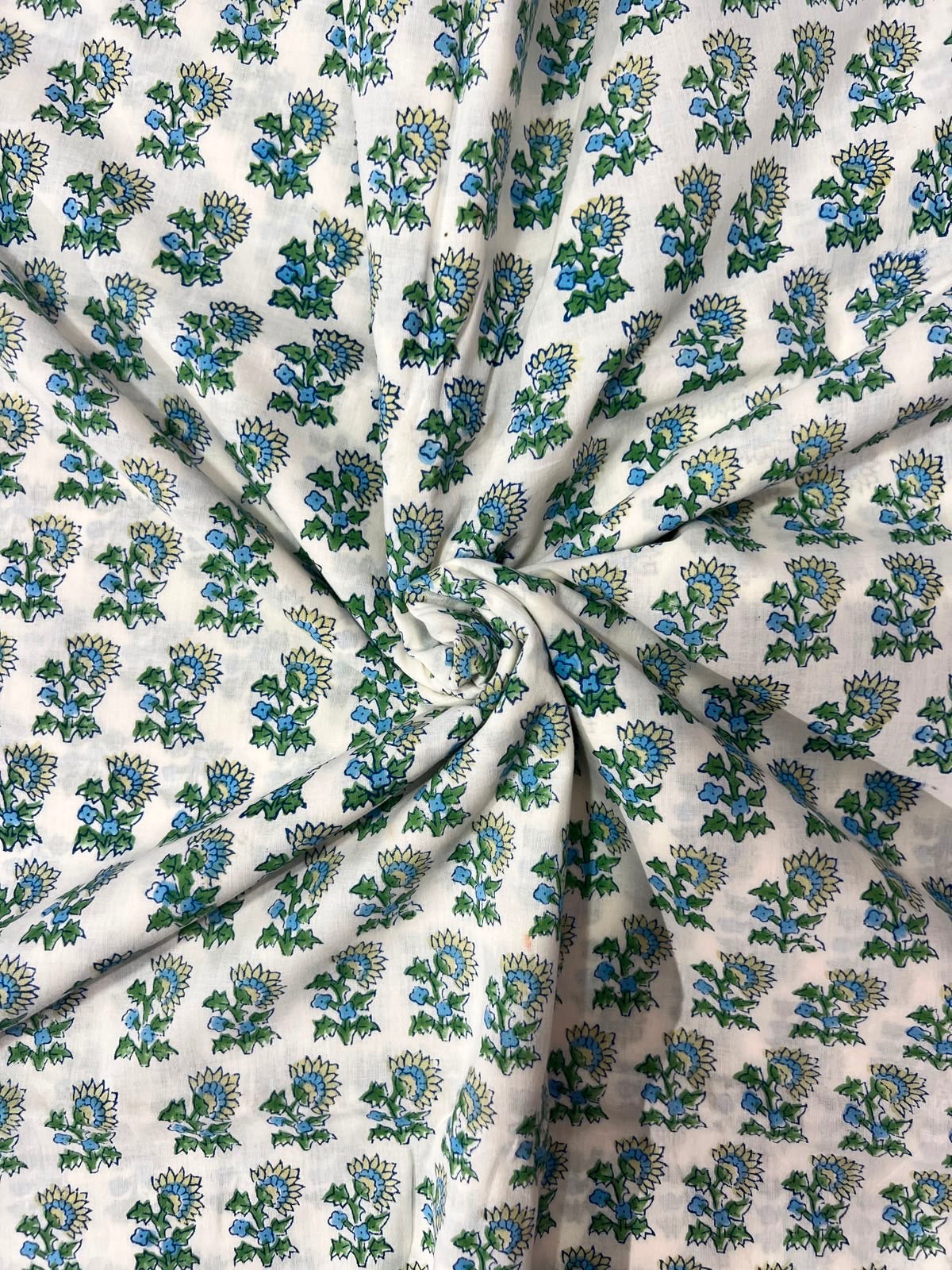 Indian Block Print Cotton Fabric - Green & Blue Small Scale Floral