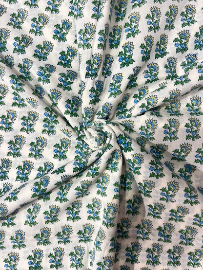 Indian Block Print Cotton Fabric - Green & Blue Small Scale Floral